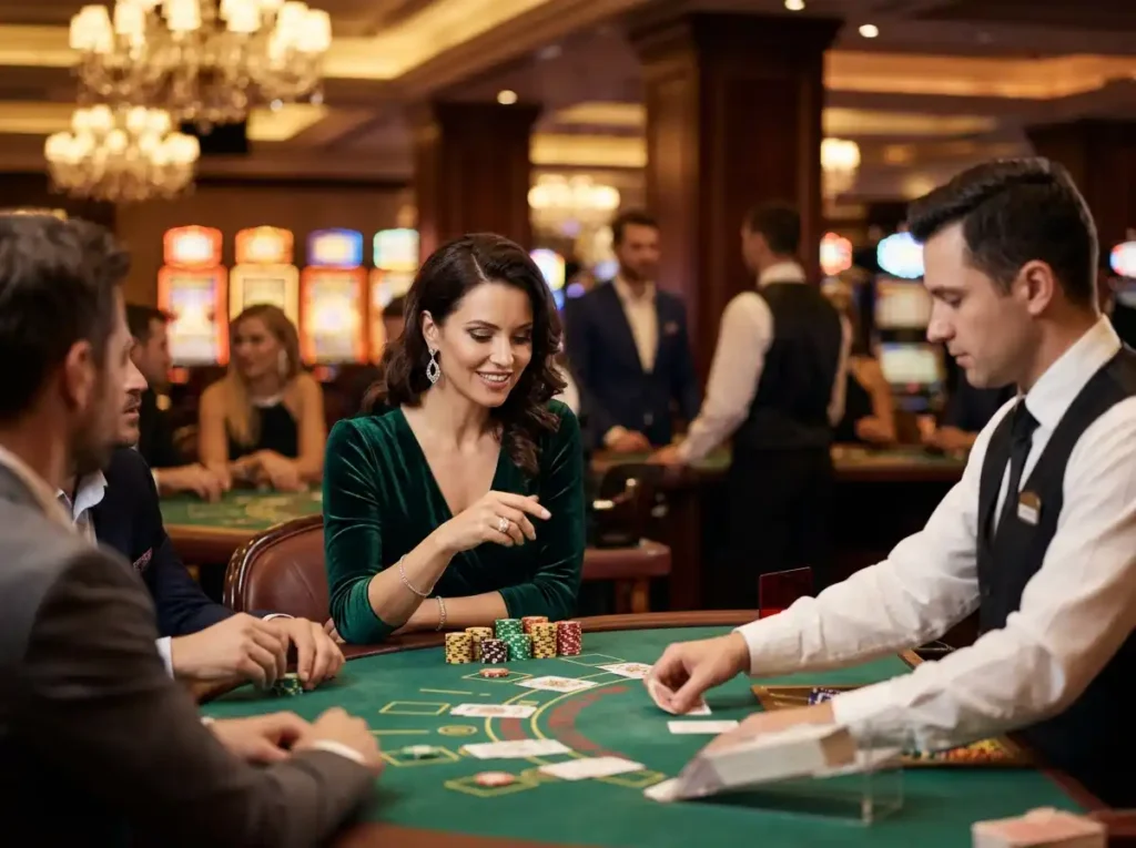 Glamorous lady playing casino games at a real physical casino table, enjoying a lively gaming atmosphere associated with betvisa online casino.
