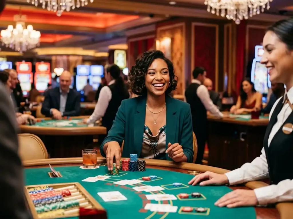 Confident casino player smiling while enjoying games inside a luxury casino, representing the excitement of cc6 online casino entertainment.