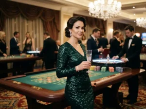 Glamorous woman enjoying a luxurious casino experience inside a real casino, showcasing the excitement and elegance associated with CC6 Online Casino.