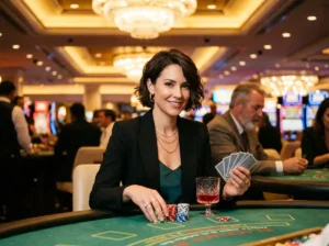 Female player facing the camera under bright casino lights inside a real casino floor, representing cgebet online casino login experience blending online access with physical casino gaming atmosphere.