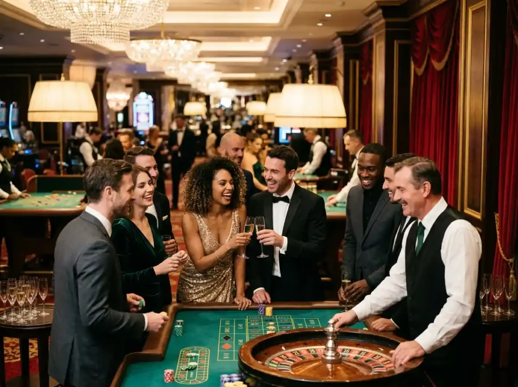 Guests enjoying a lively real casino party with table games and slot machines while highlighting cgebet online casino login branding in a glamorous setting.