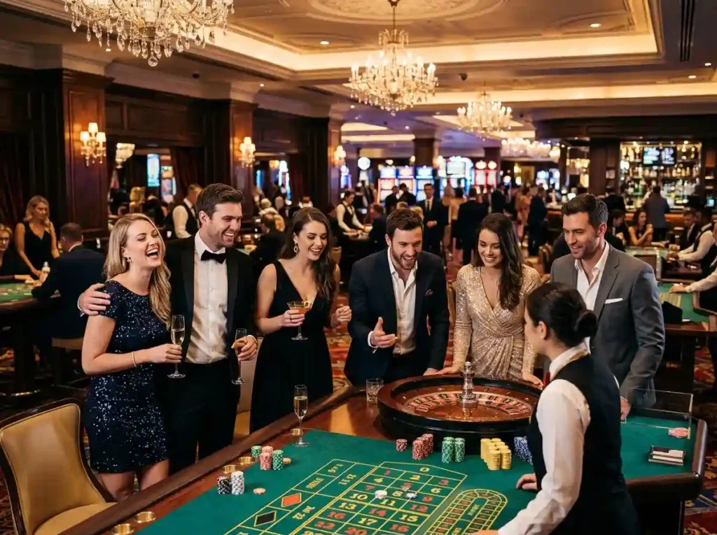 Group of friends enjoying a luxury night out at a real casino, playing table games in an elegant setting, representing the experience of free 100 online casino in a physical casino environment.