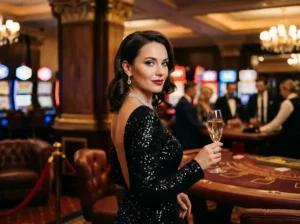 Glamorous female player enjoying table games in a luxury physical casino setting while associated with the free 100 online casino brand experience.