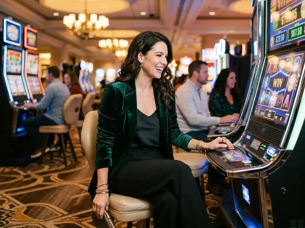 Fashionable woman enjoying casino entertainment inside a luxury casino while promoting Online Casino Facebook gaming excitement.