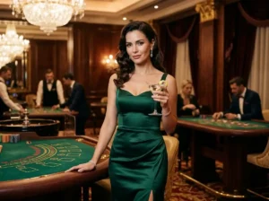 Glamorous female guest enjoying a luxury casino experience while playing in a physical casino, representing the excitement of Online Casino Facebook gaming.