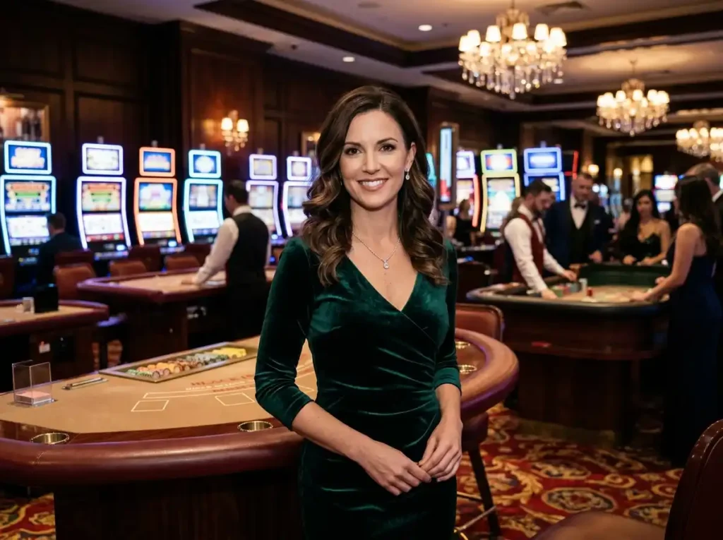 Elegant woman facing the camera while playing at a real casino table, showcasing the atmosphere associated with online casino free 100 in a physical gaming environment.