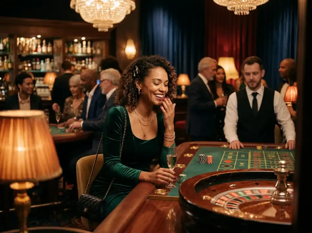 A female player enjoying a lively night at a real casino gaming table, representing the excitement of online casino free 100 promotions and casino entertainment.