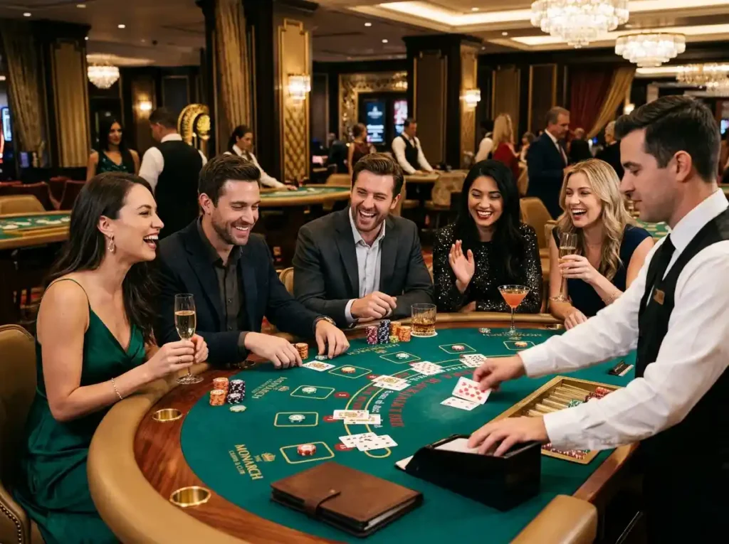 Friends enjoying luxury casino table games in a real casino setting, inspired by the excitement of online casino free 100.