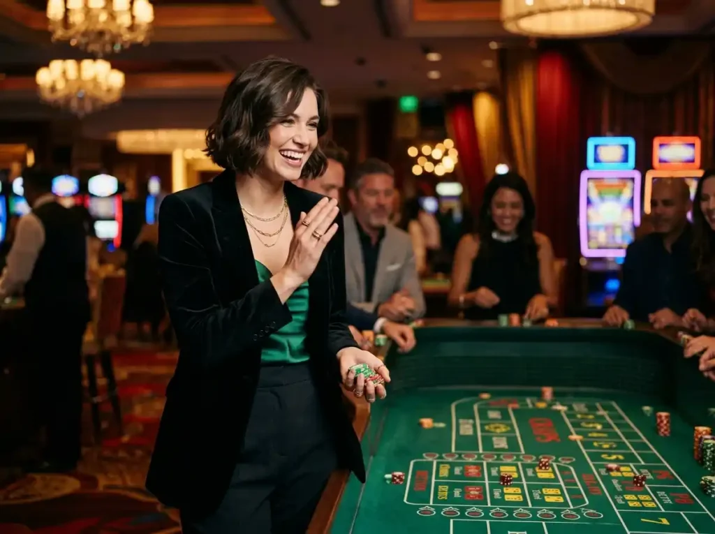 Player enjoying a lively casino night at a real gaming table, representing the excitement of online casino free 100 promotions and casino entertainment.