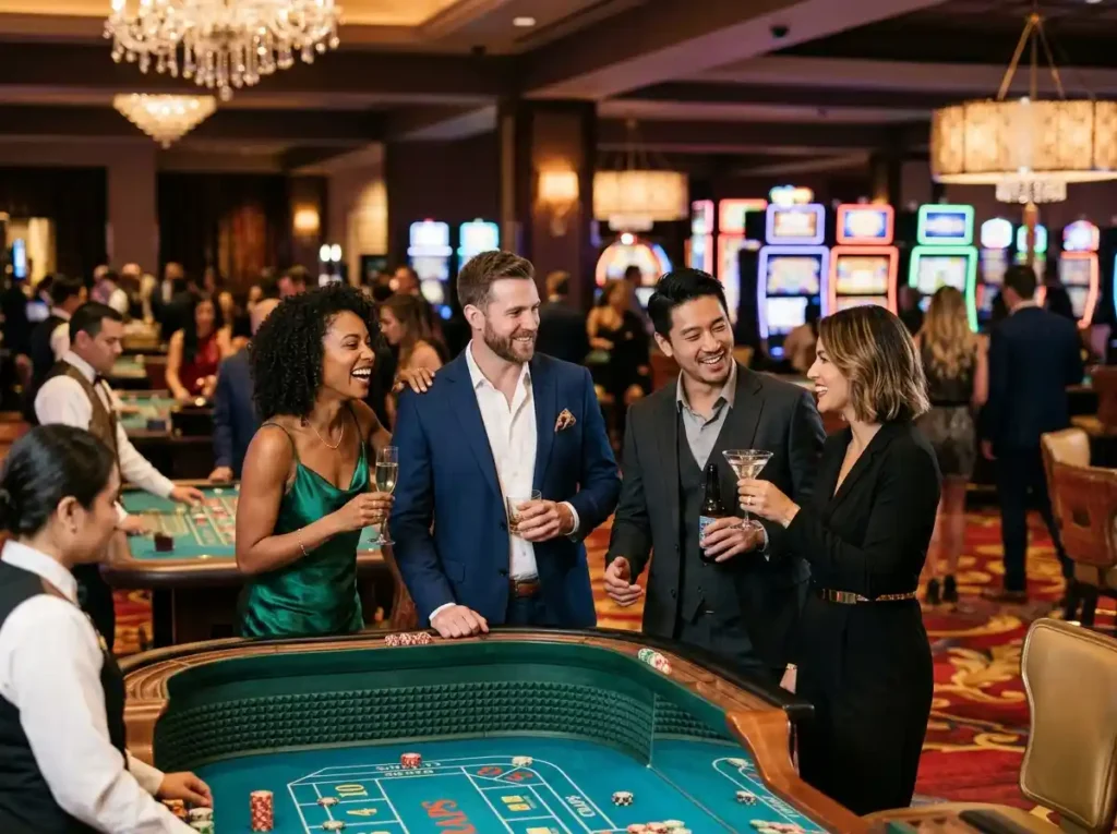 Stylish friends enjoying casino entertainment inside a luxurious gaming venue, promoting the Online Casino Free Bonus brand experience.