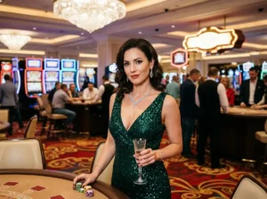 Woman facing the camera while enjoying a luxury casino gaming experience inside a real casino, promoting Online Casino Free Bonus.