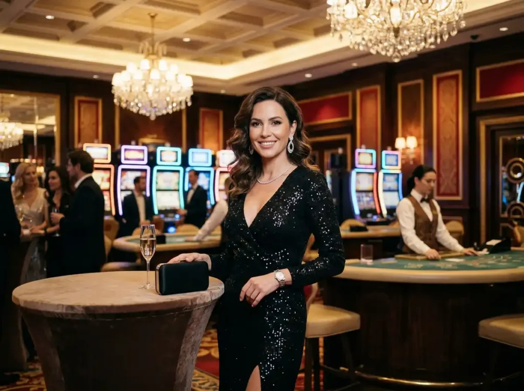 Glamorous woman facing the camera while enjoying a luxurious gaming experience inside a real casino, representing Online Casino Games Real Money No Deposit.