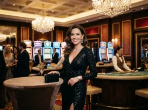 Glamorous woman facing the camera while enjoying a luxurious gaming experience inside a real casino, representing Online Casino Games Real Money No Deposit.