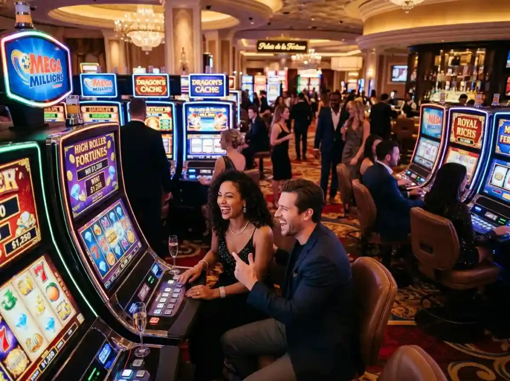 Guests enjoying a luxury casino slot machine experience inside a real casino, inspired by Online Casino Games Real Money No Deposit branding and premium gaming entertainment.