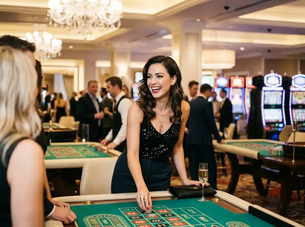 Woman enjoying a vibrant casino night experience in a luxury gaming venue, representing the excitement of Online Casino Games Real Money No Deposit.