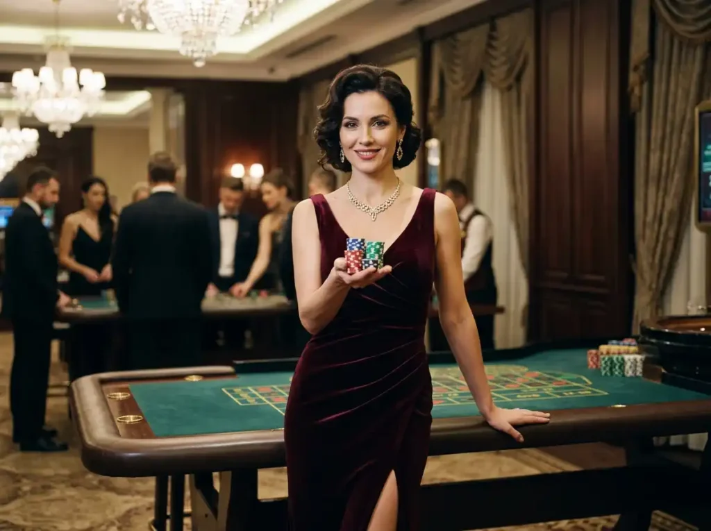 Woman posing with casino chips inside a luxury casino while promoting Online Casino Games Real Money No Deposit brand.
