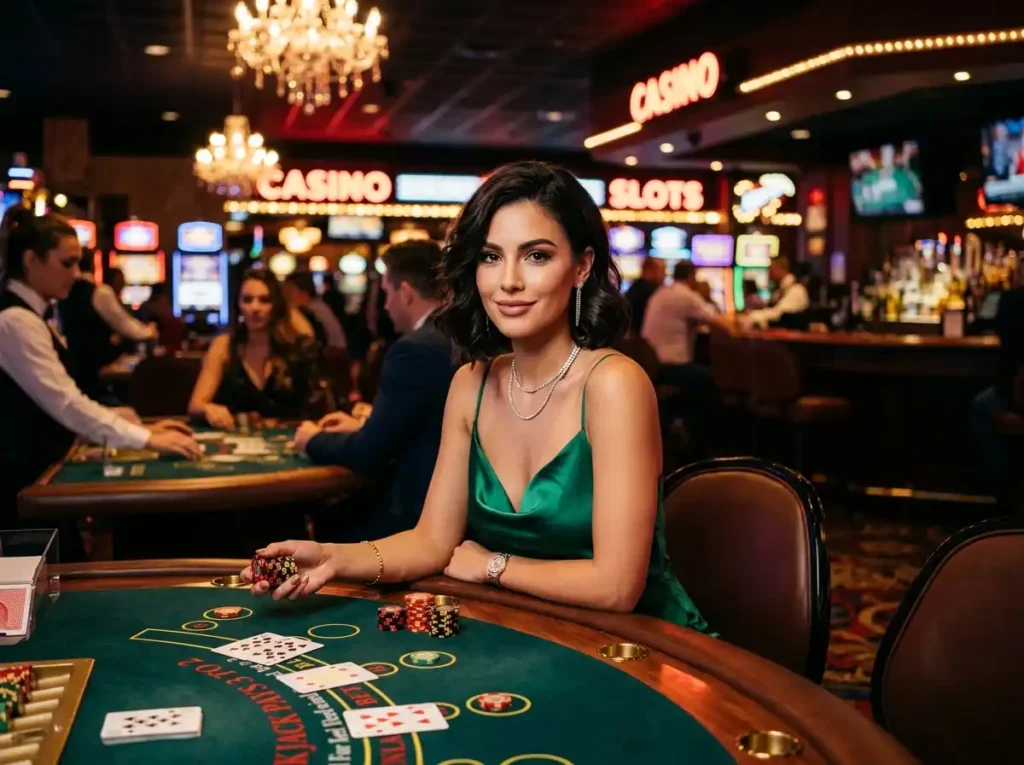 Female gambler facing the camera under bright casino lights while enjoying a gaming session, representing the excitement of Solaire Online Casino.