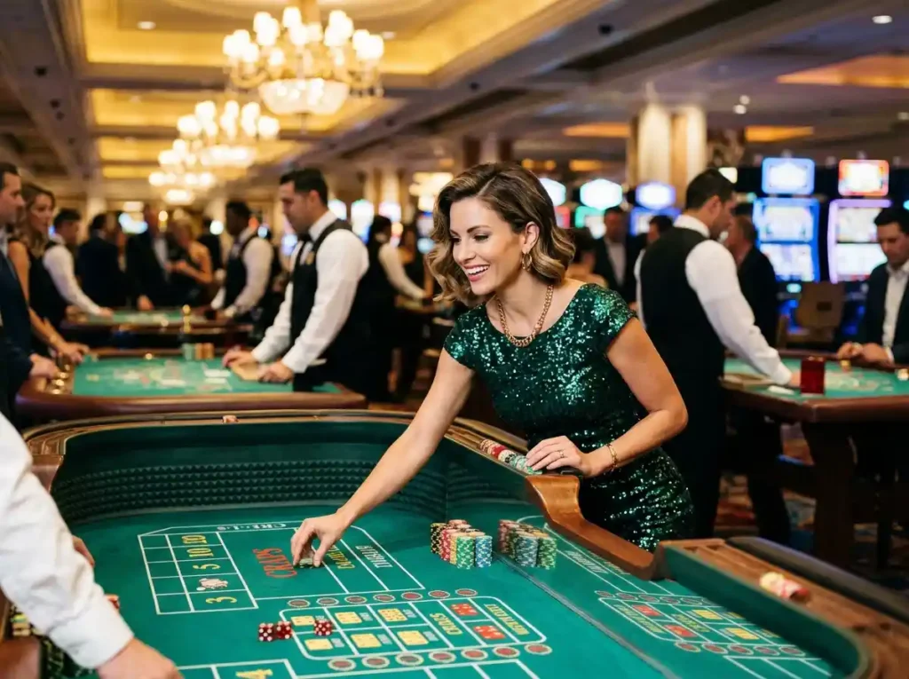 Glamorous woman enjoying casino games inside a luxury casino venue, representing the excitement of Solaire Online Casino.