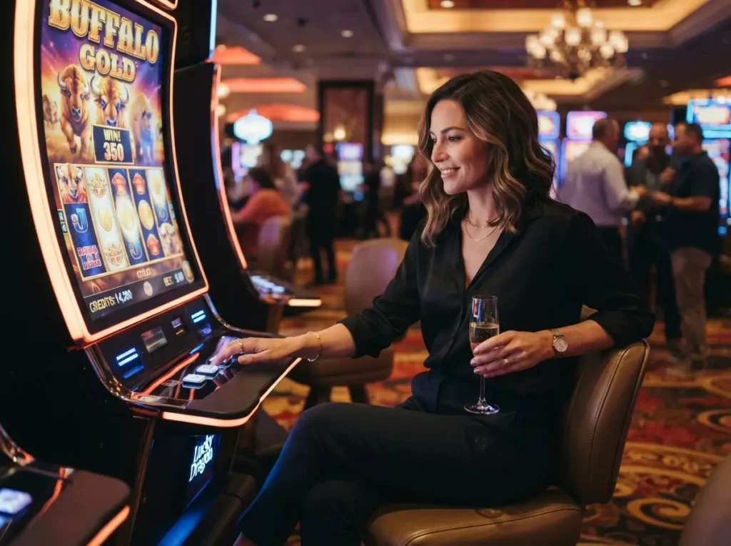 Elegant female player enjoying slot machines at a 747 live online casino with a relaxed and luxurious atmosphere.