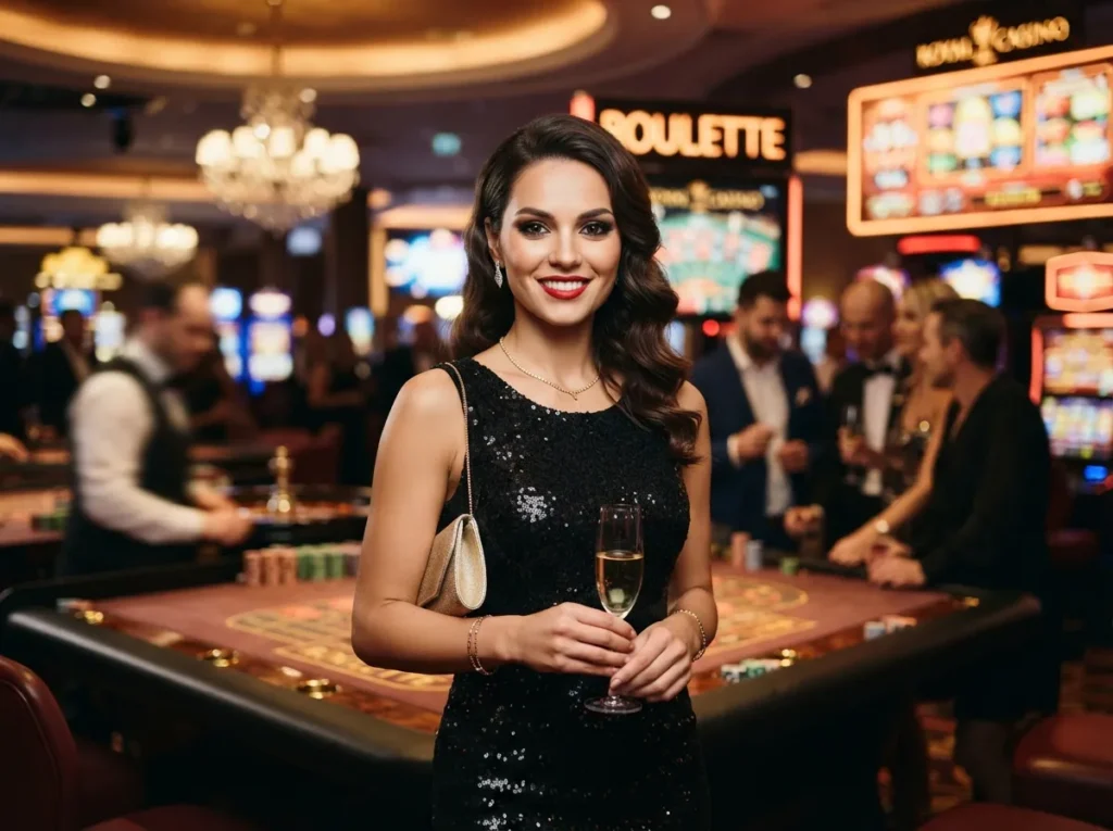 Stylish front-facing female player smiling while enjoying table games inside a luxury 747 live online casino venue.