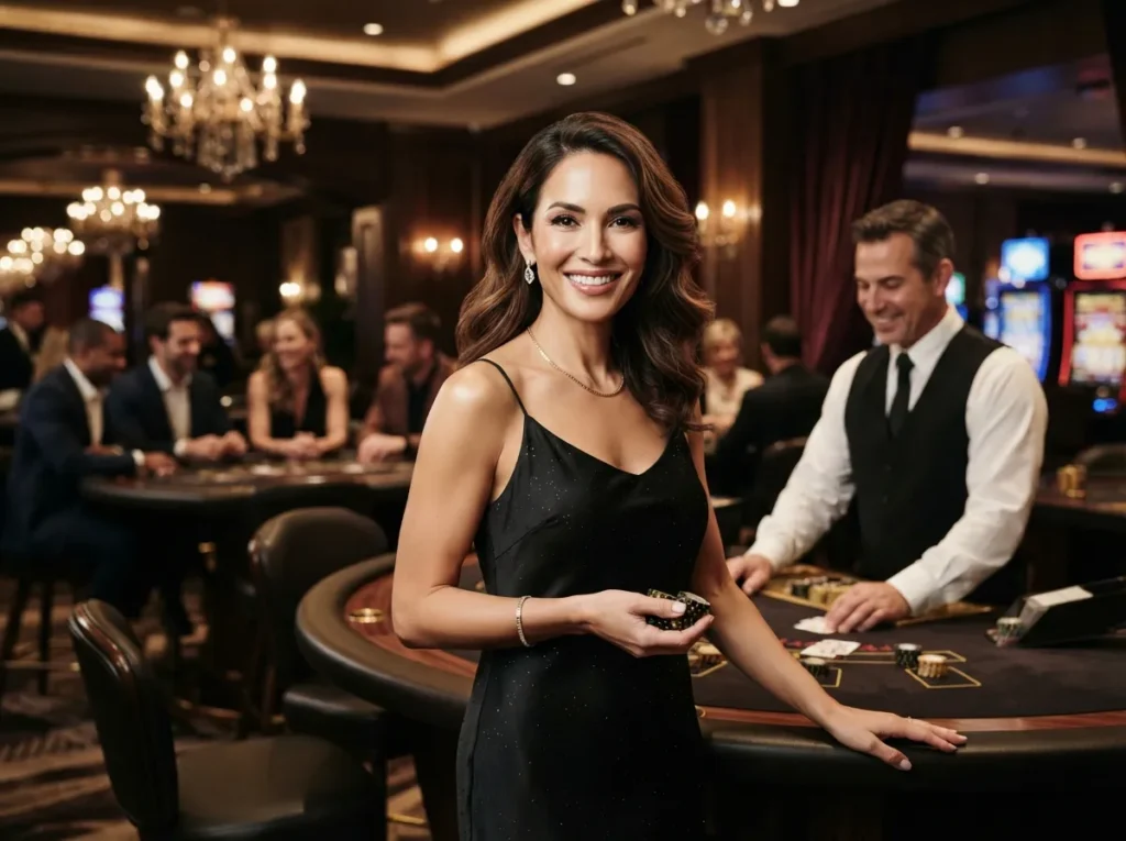 Woman smiling at the camera while enjoying the VIP gaming area at a me777 online casino venue.