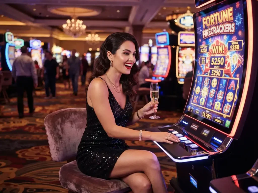 Glamorous woman enjoying the gaming floor at a luxury casino during an okada poker experience.