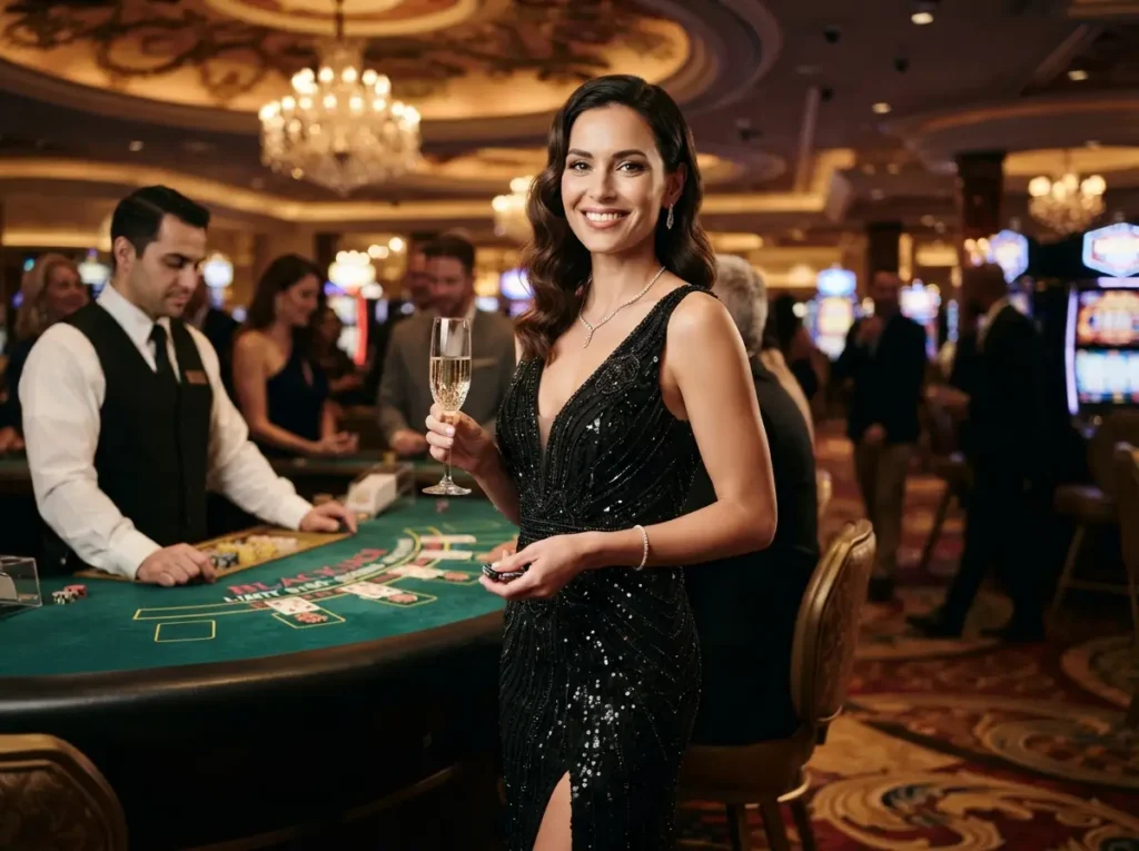 Elegant woman enjoying a poker game in a luxury casino during an okada poker experience.
