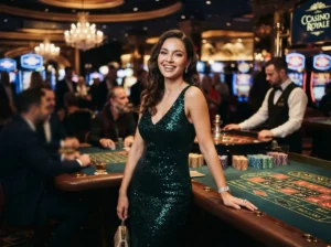 Glamorous woman smiling at the camera while enjoying the elegant atmosphere of a peso63 online casino inside a luxury casino.