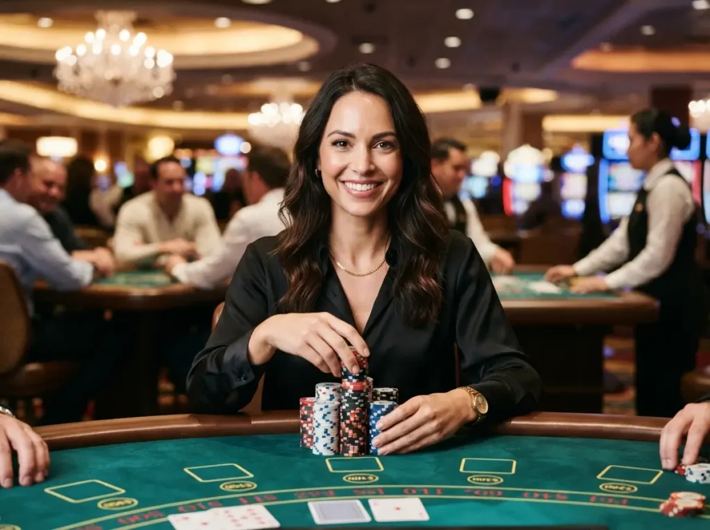 Woman facing the camera while holding casino chips inside a luxury casino during a PH Macau Online Casino gaming experience.