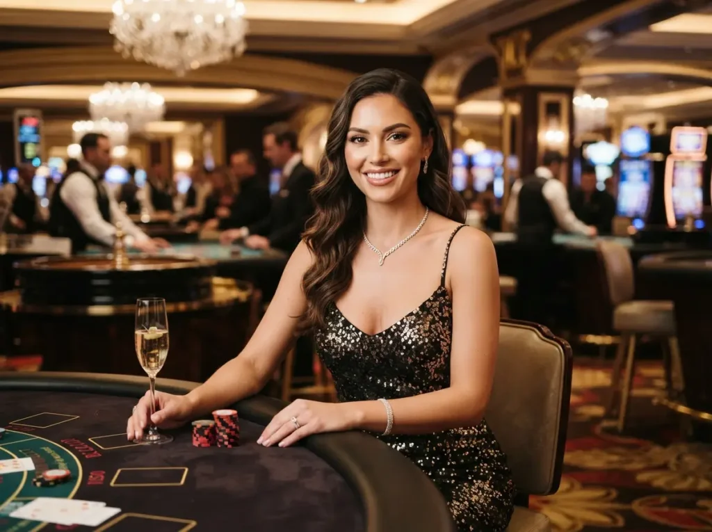 Elegant female guest posing inside a luxury casino during a pokerstars live manila gaming experience.