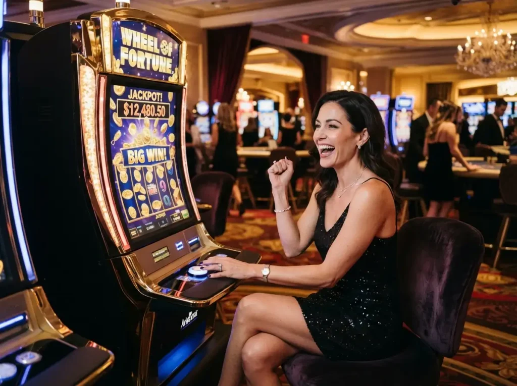 Woman enjoying a luxury slot machine experience at a PokerStars Live Manila casino