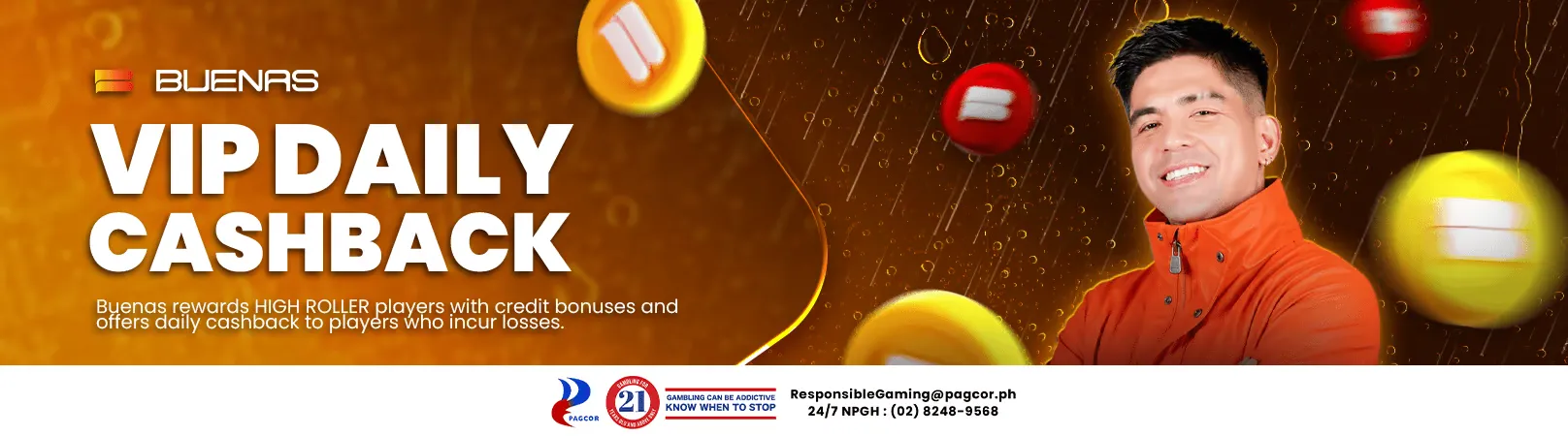 Buenas PH fish games VIP daily cashback promotion featuring brand endorser Mark Herras